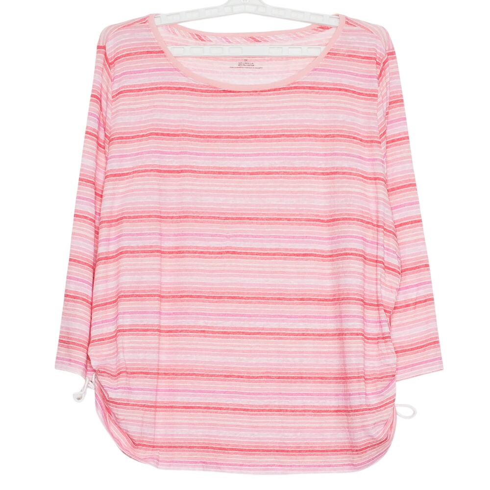 Talbots Top 3/4 Sleeve Linen Coastal Resort Beachy Lace Up Striped Pink Plus 3X